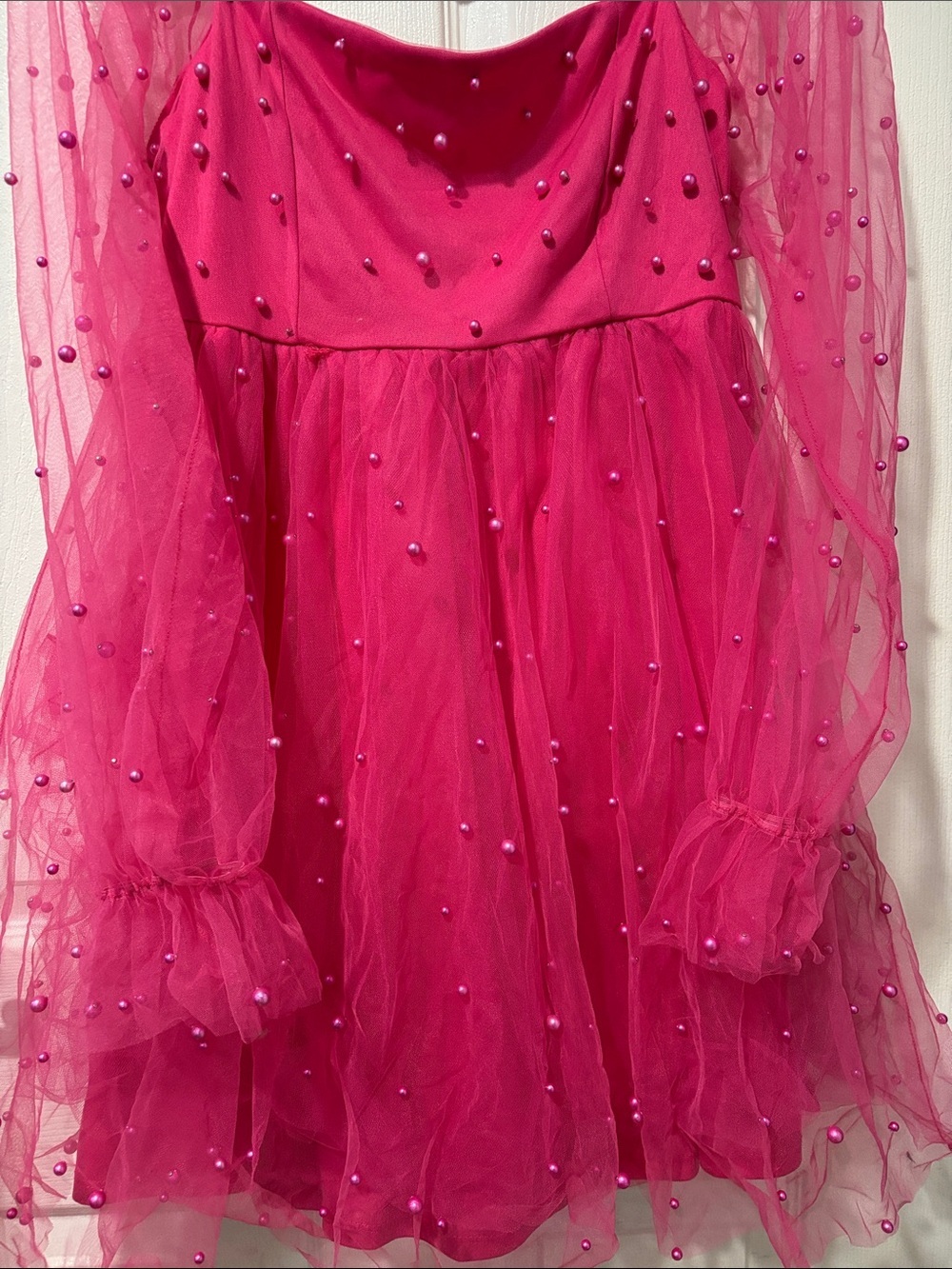 Hot Pink Tulle Party Dress with Pearl Dot Accents - Picture 3 of 6